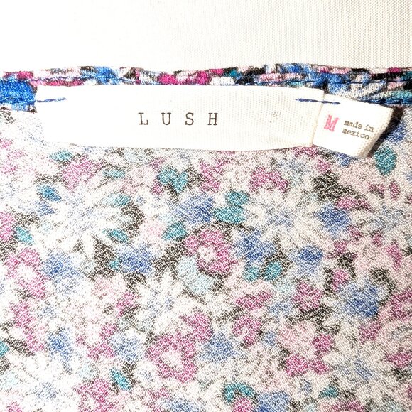 Lush | Floral Moss Crepe Long Sleeve Wrap Dress Blue Purple Multi | Size Medium - Picture 3 of 12